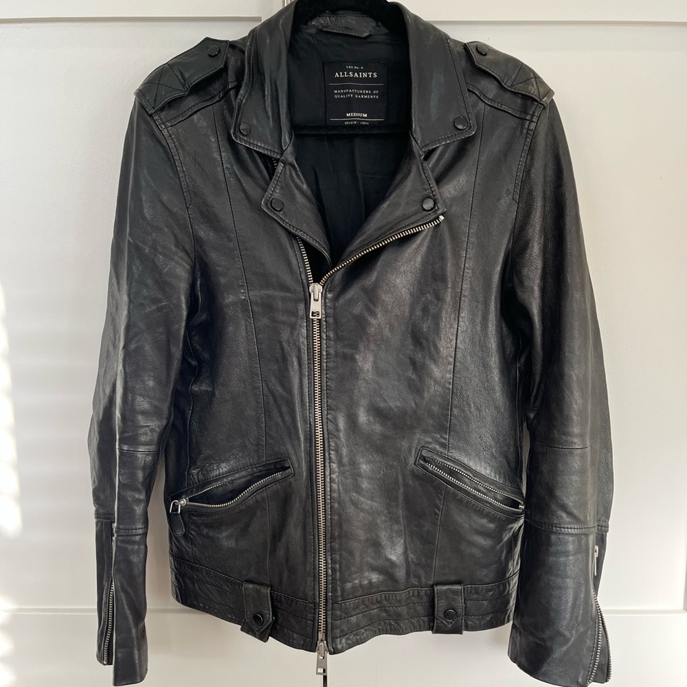 ALLSAINTS 100% Leather Biker Jacket. 4 Pockets (2 inner breast pockets.